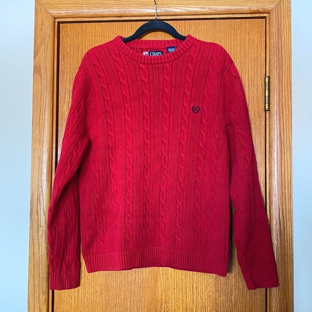 Vintage Chaps Cable Knit Cotton Red Crew Neck Sweater Medium Mens Old Money Prep